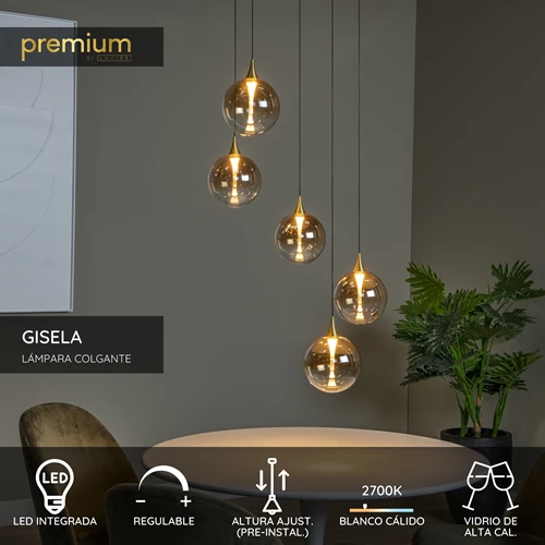Lucide GISELA - Lámpara colgante - Ø 48 cm - LED Regul. - 5x3,8W 2700K - Ámbar | Premium - USP